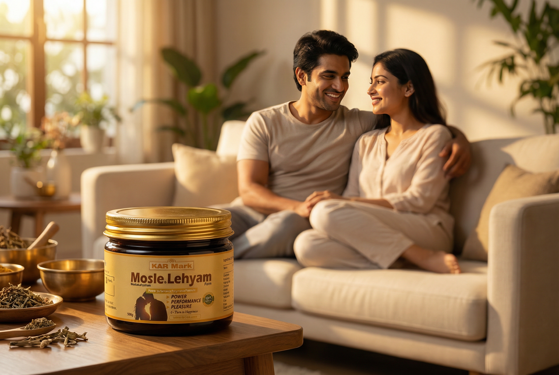 Mosle Lehyam wellness product placed in the foreground with a happy couple relaxing together at home, symbolizing intimacy, stamina, and relationship wellness